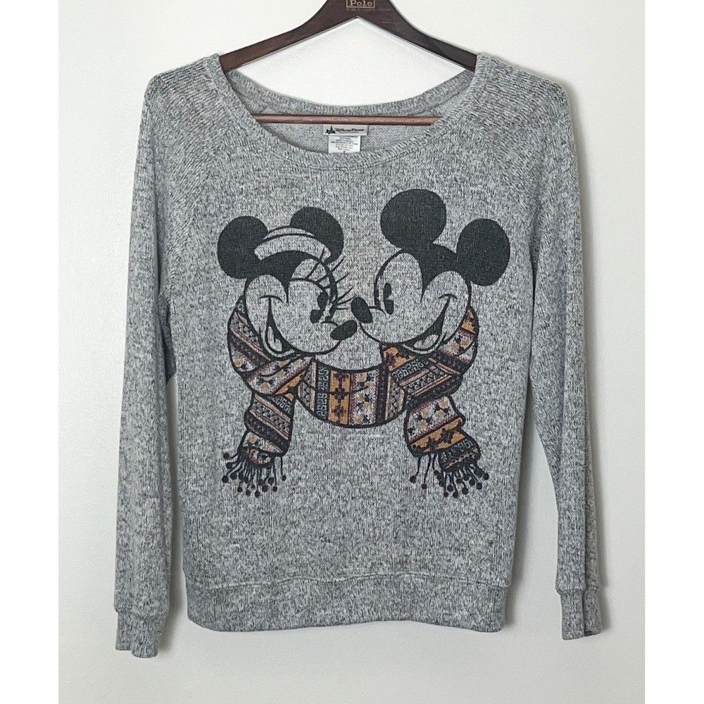 Disney Parks Knit Top Women's Medium Grey Marl Mickey Minnie Mouse Scarf Sweater
